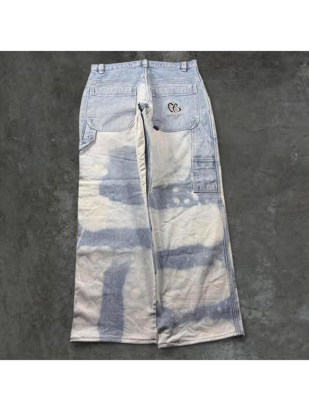 Y2K Fubu Embroidered Baggy Hip Hop Carpenter Jeans with Crazy Wash Skater 34x30